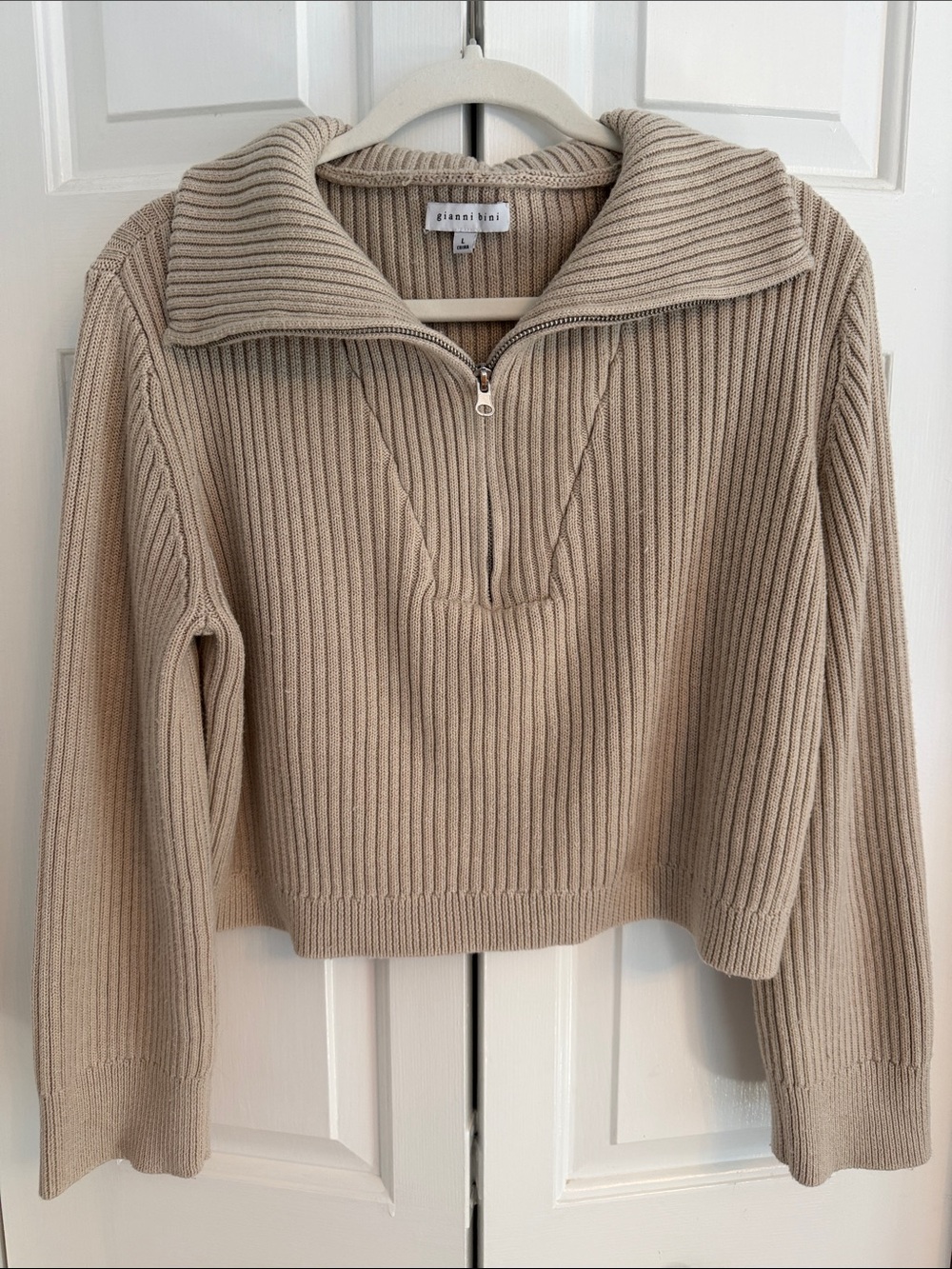 Gianni Bini Beige Ribbed Half-Zip Turtleneck Sweater